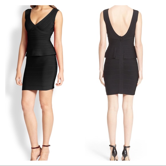 🔵 HERVE LEGER -Essential V-Neck Peplum Bandage Dress - Picture 7 of 7